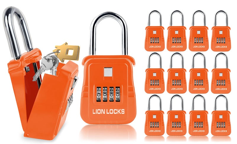 Lion Locks صندوق قفل مفتاح Lion Locks 1500 مع رمز، صندوق قفل للمفاتيح في الهواء الطلق، صندوق قفل السمسار للإيجارات قصيرة المدى، يحمل 5 مفاتيح (12 حزمة، برتقالي) - Image 1